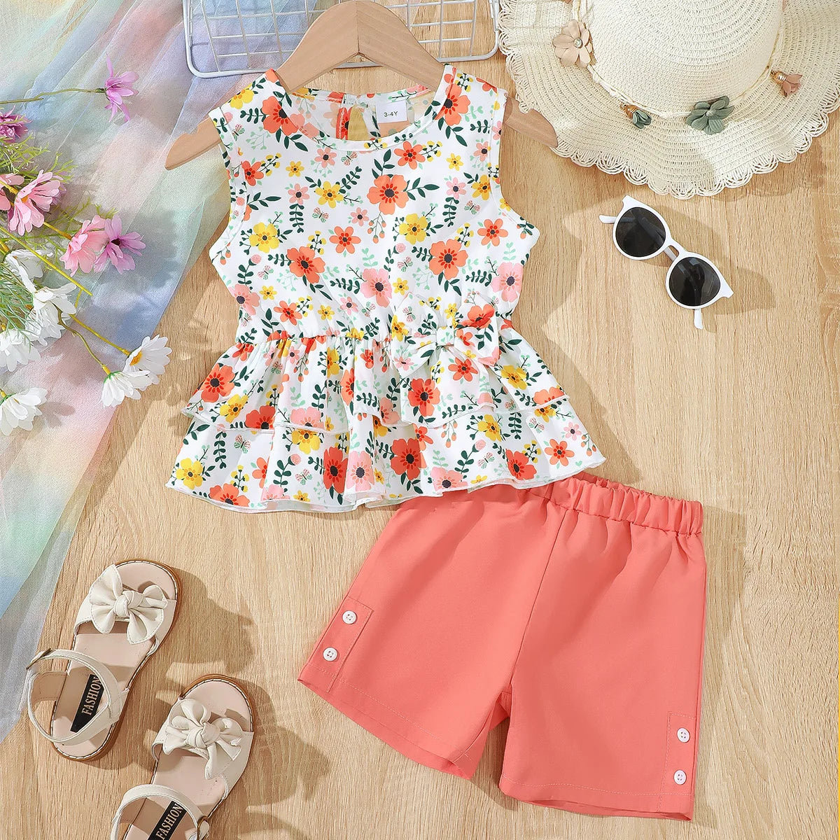 Children Girls Summer Set Round Neck Floral Bow Sleeveless Top and Shorts 2Pc with coral shorts and floral top