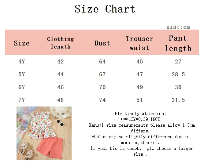 Children Girls Summer Set Round Neck Floral Bow Sleeveless Top and Shorts 2Pc in pink and white