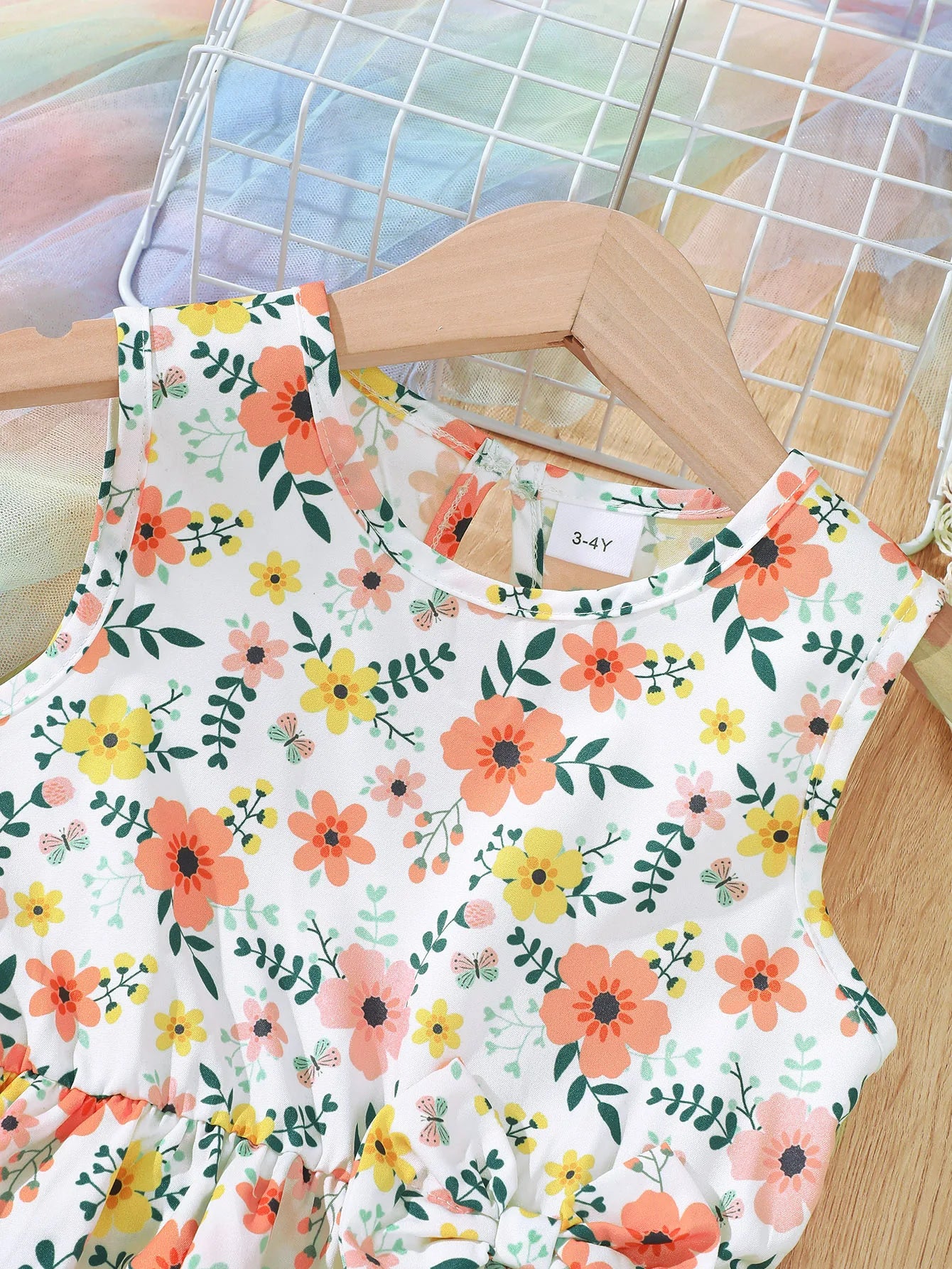 Children Girls Summer Set Round Neck Floral Bow Sleeveless Top and Shorts 2Pc with colorful flower print on white fabric