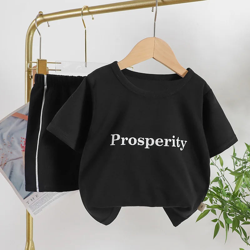 Children Suit Short Sleeve Top and Striped Shorts Two Piece Summer Korean Style black set with Prosperity print on top