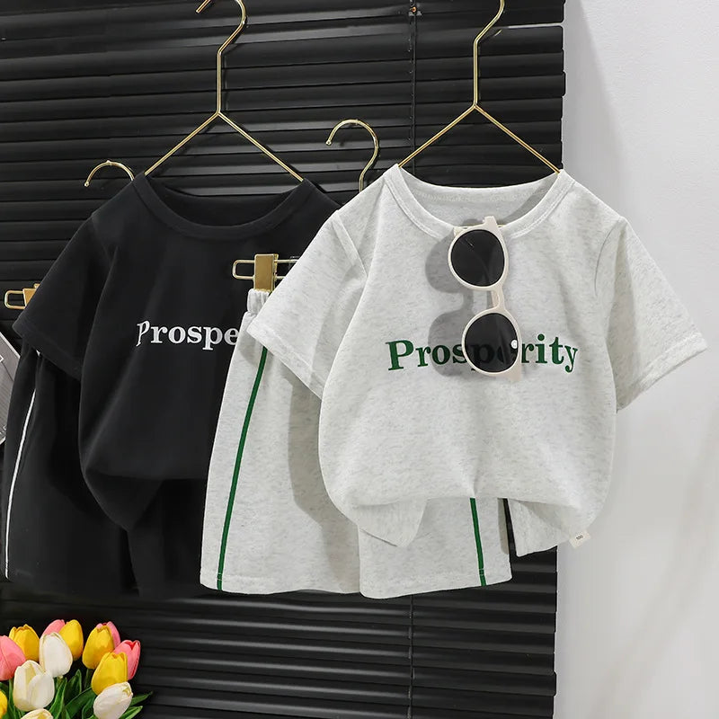 Children Suit Short Sleeve Top and Striped Shorts Two Piece Summer Korean Style in black and gray with Prosperity lettering