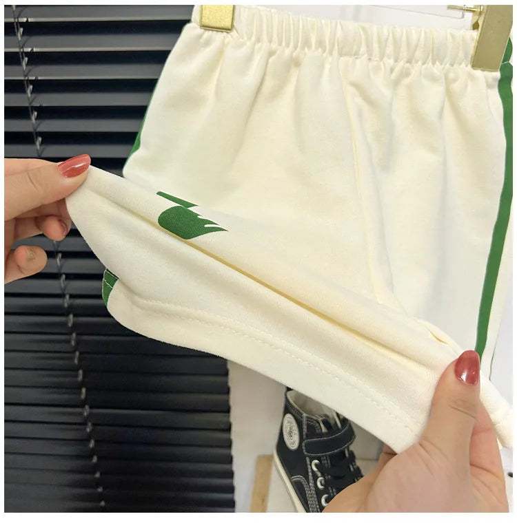 Children Suit Short Sleeve Top and Striped Shorts Two Piece Summer Korean Style stretchy white shorts with green stripes