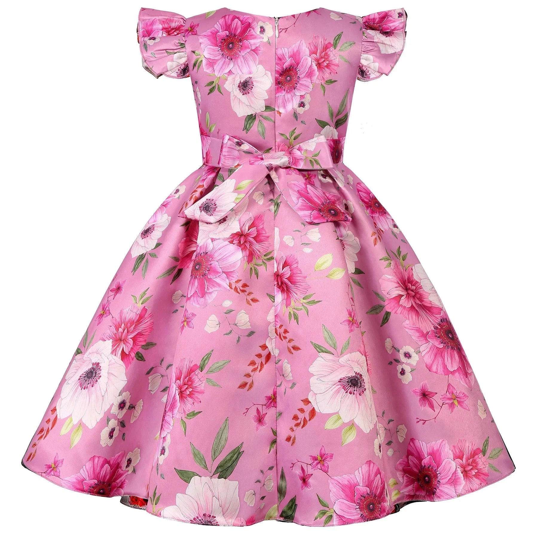 Children Summer Flower Print Dress with Flying Sleeves and Bowknot Detail in pink floral designs