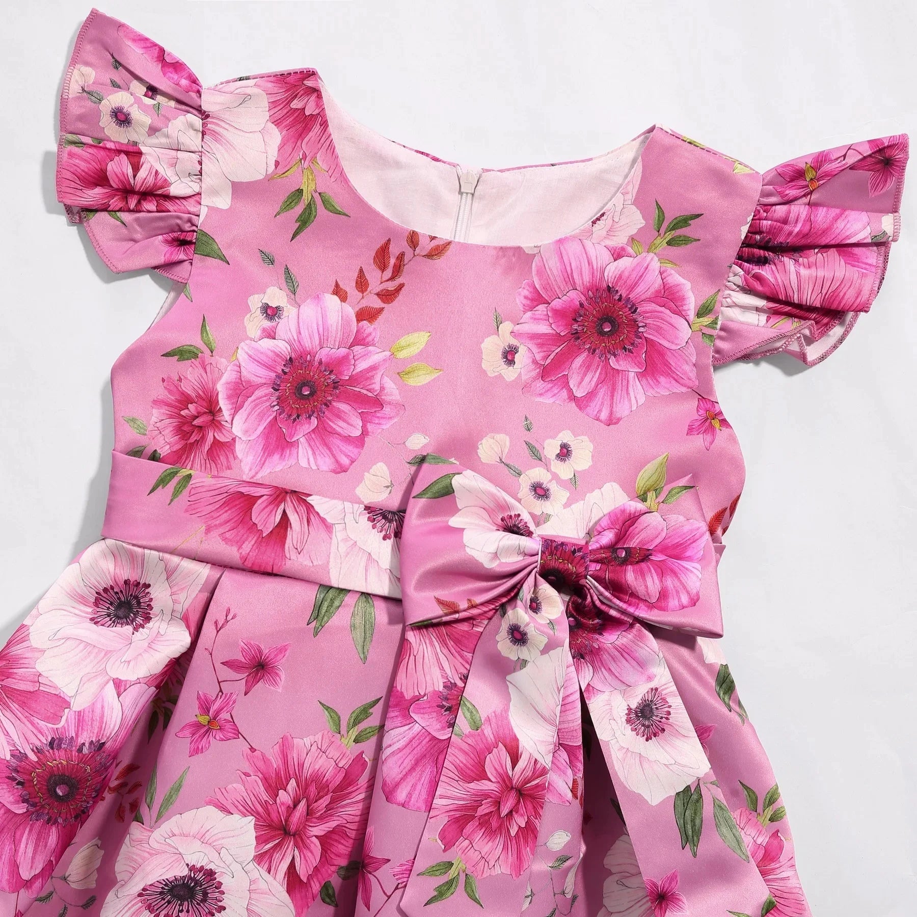 Children Summer Flower Print Dress with Flying Sleeves and Bowknot Detail in pink floral pattern