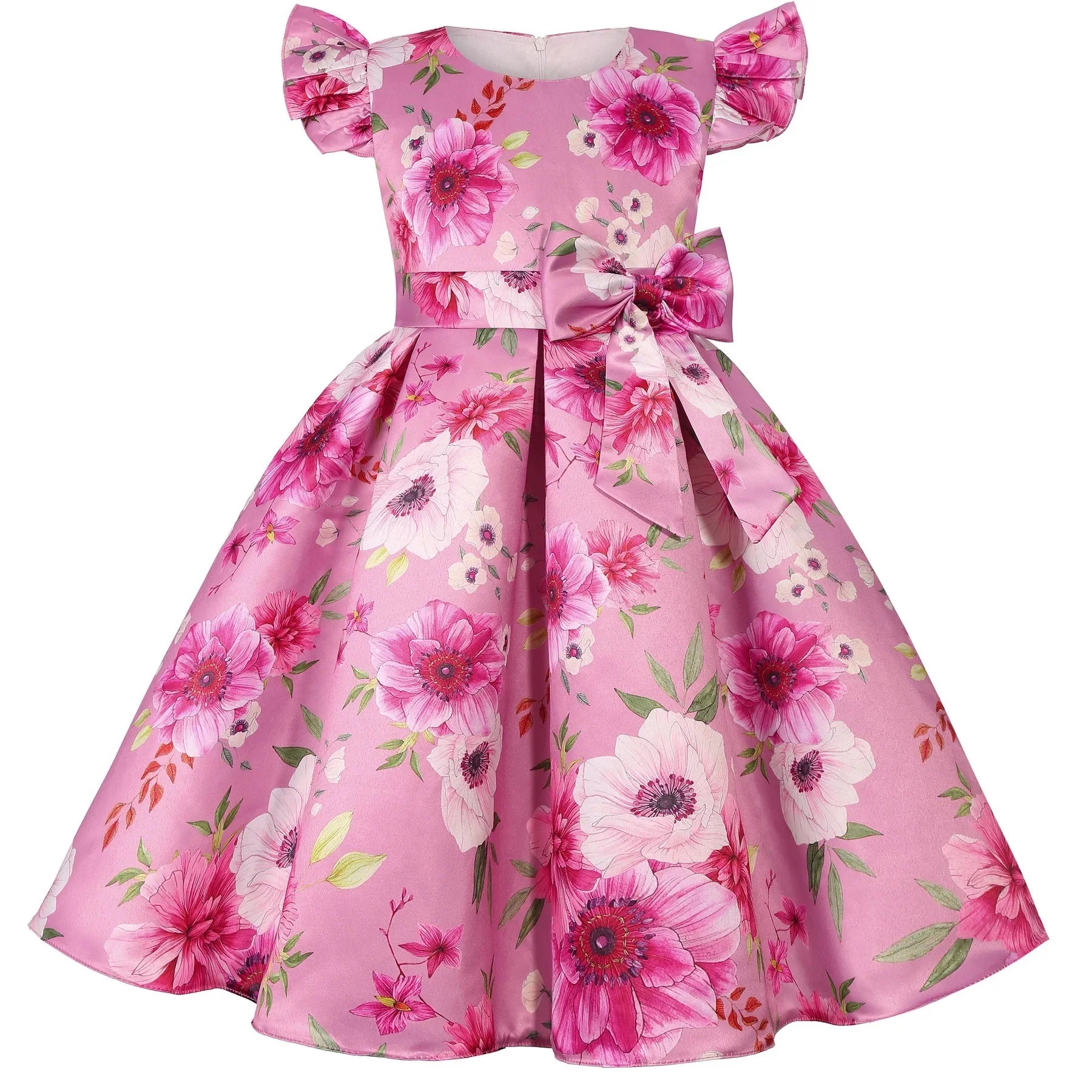 Children Summer Flower Print Dress with Flying Sleeves and Bowknot Detail in pink floral design