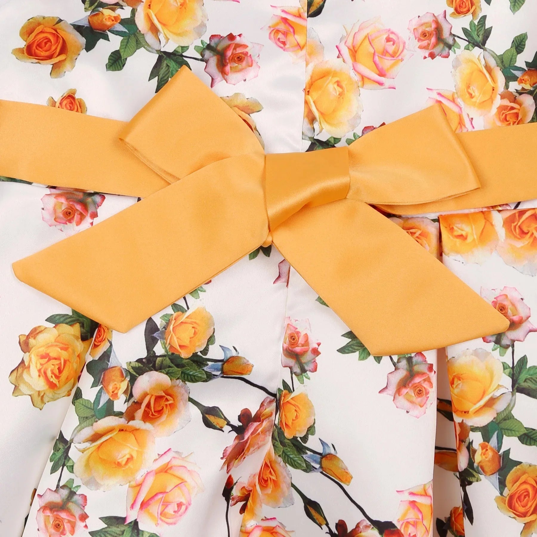 Children Summer Flower Print Dress with Flying Sleeves and Bowknot Detail in yellow and white floral pattern