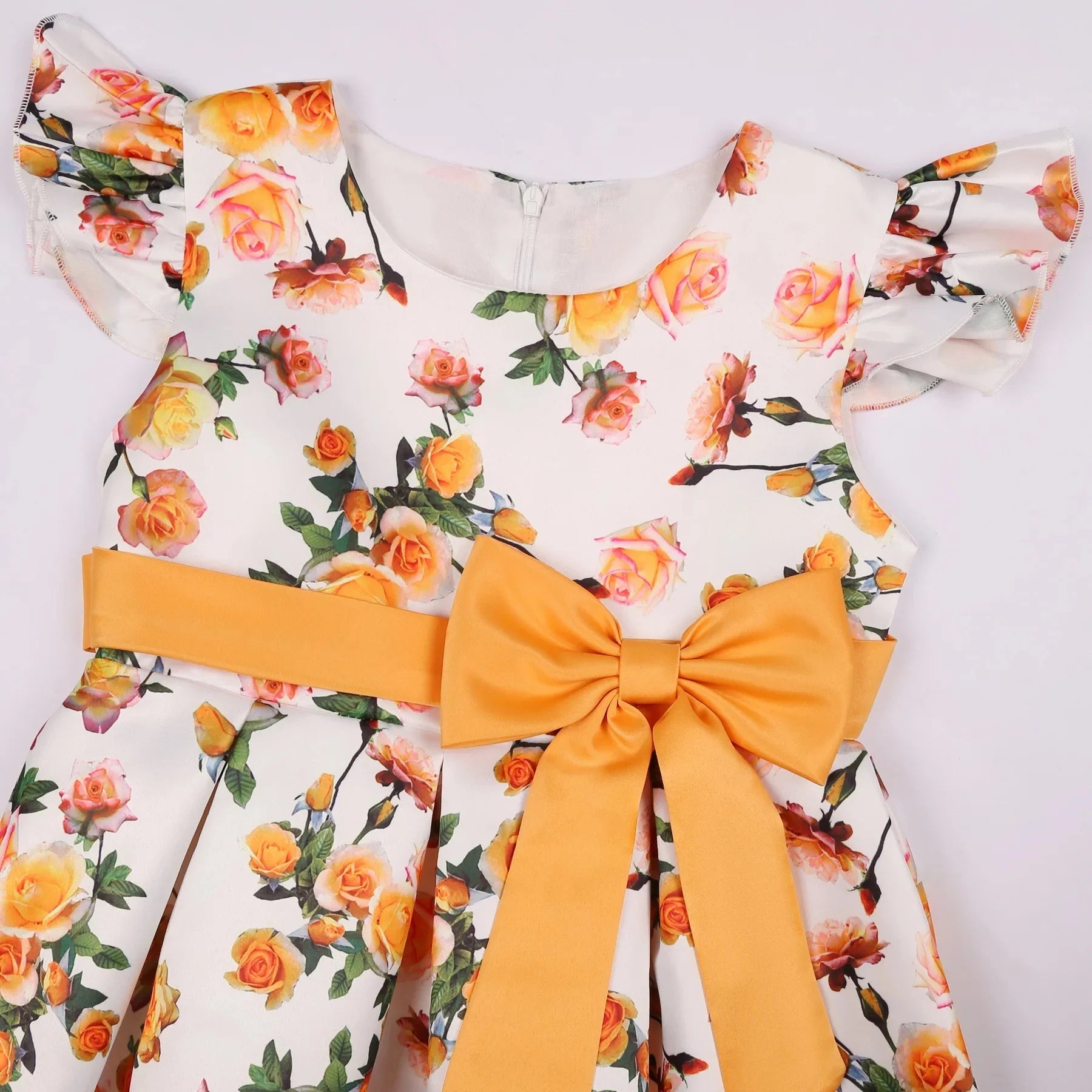 Children Summer Flower Print Dress with Flying Sleeves and Bowknot Detail featuring orange floral design and large yellow bow