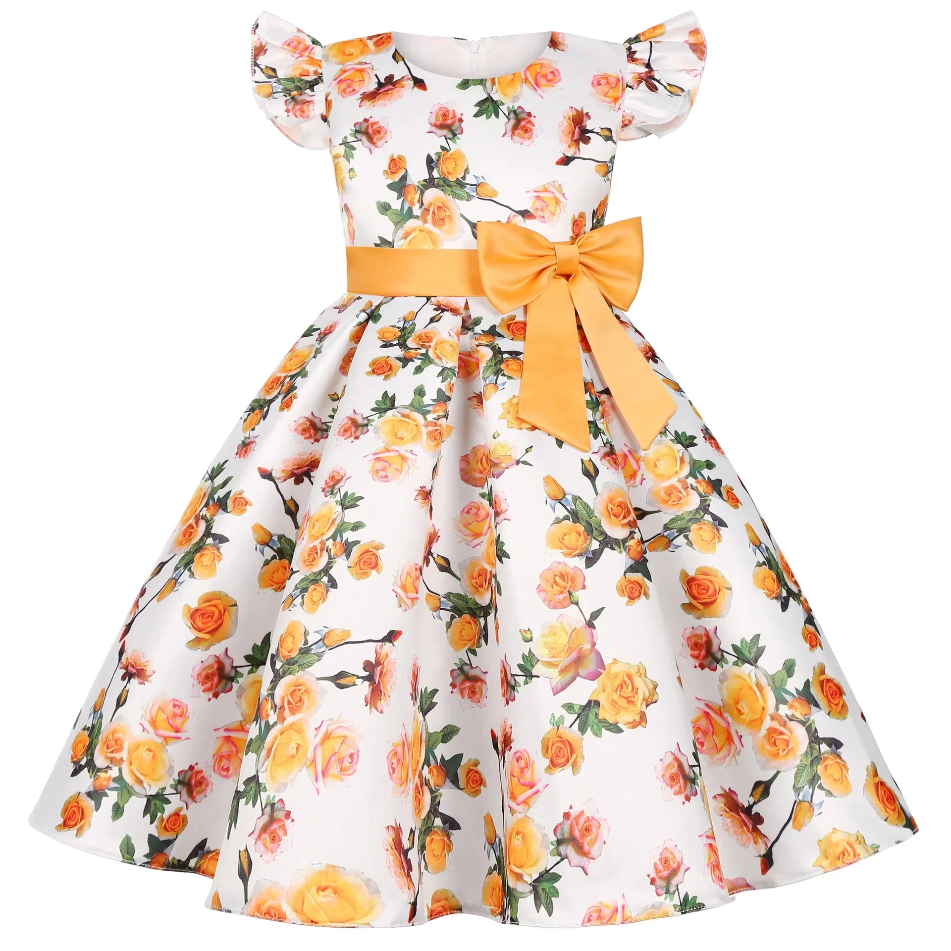 Children Summer Flower Print Dress with Flying Sleeves and Bowknot Detail in yellow and white floral designs