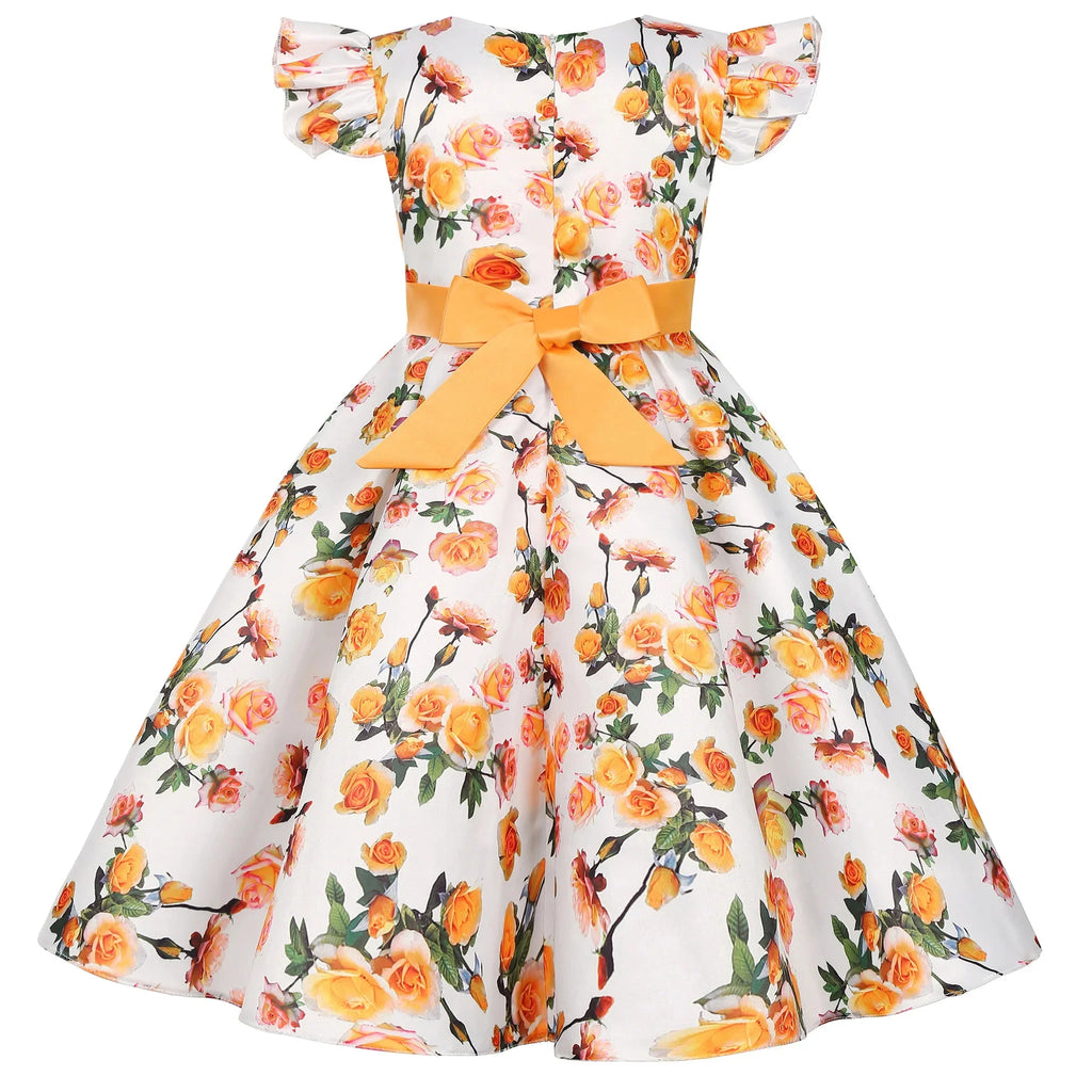 Children Summer Flower Print Dress with Flying Sleeves and Bowknot Detail in yellow and white floral design