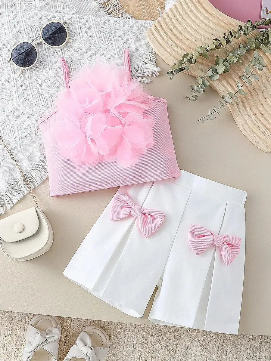 Children Summer Girls Pink Outfit Sets Lace Mesh Flower Vest and Shorts Pants with decorative bows