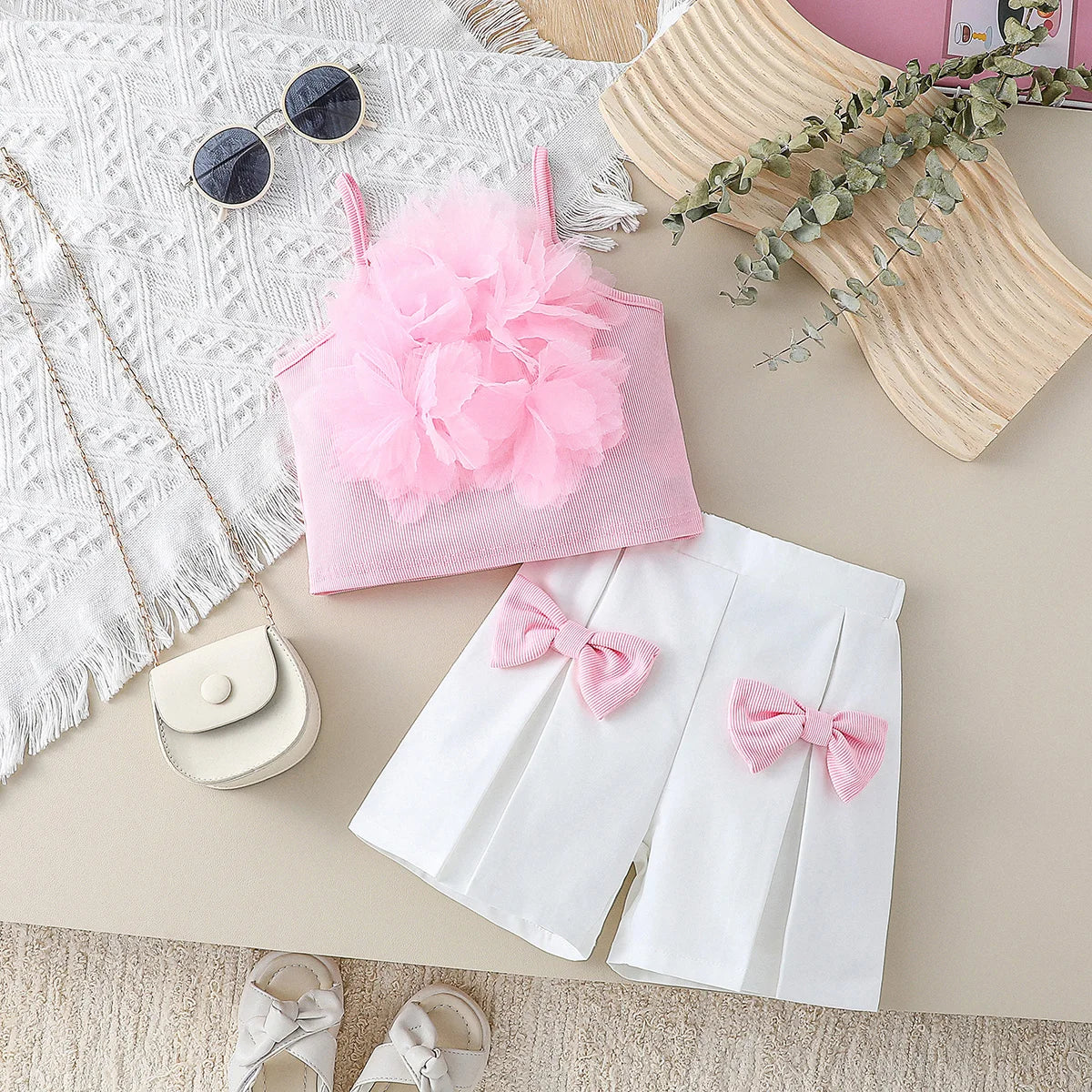 Children Summer Girls Pink Outfit Sets Lace Mesh Flower Vest and Shorts Pants with white shorts and pink bows