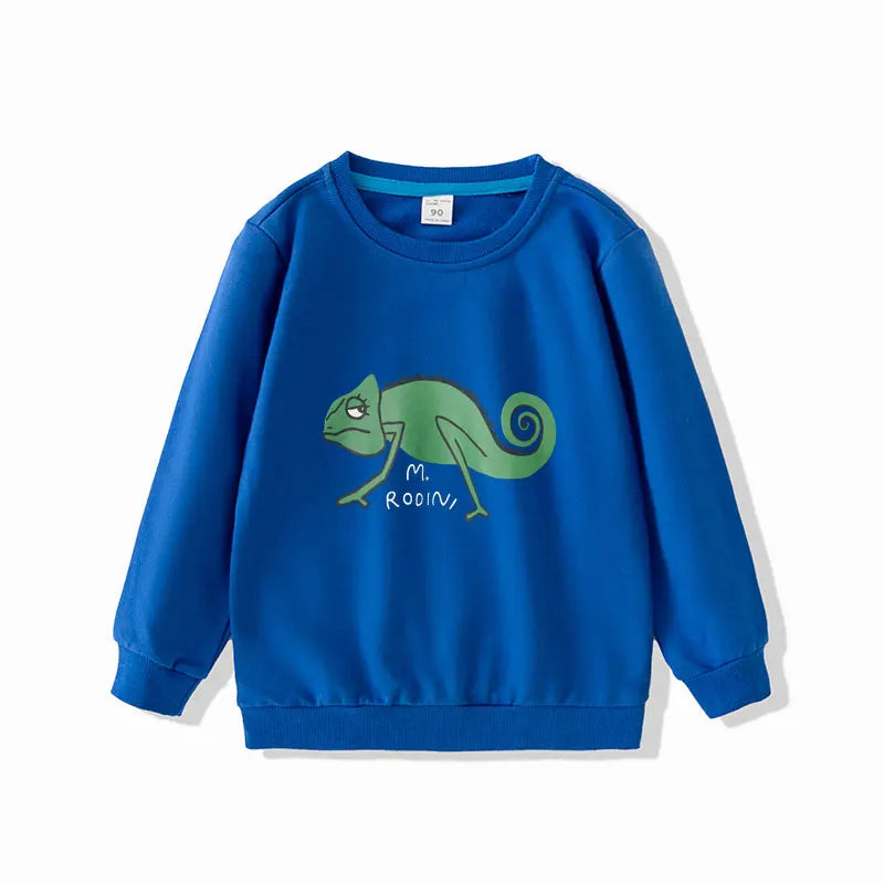 Blue children sweatshirts long sleeve tops cartoon boys girls pullovers toddler tees with green chameleon design