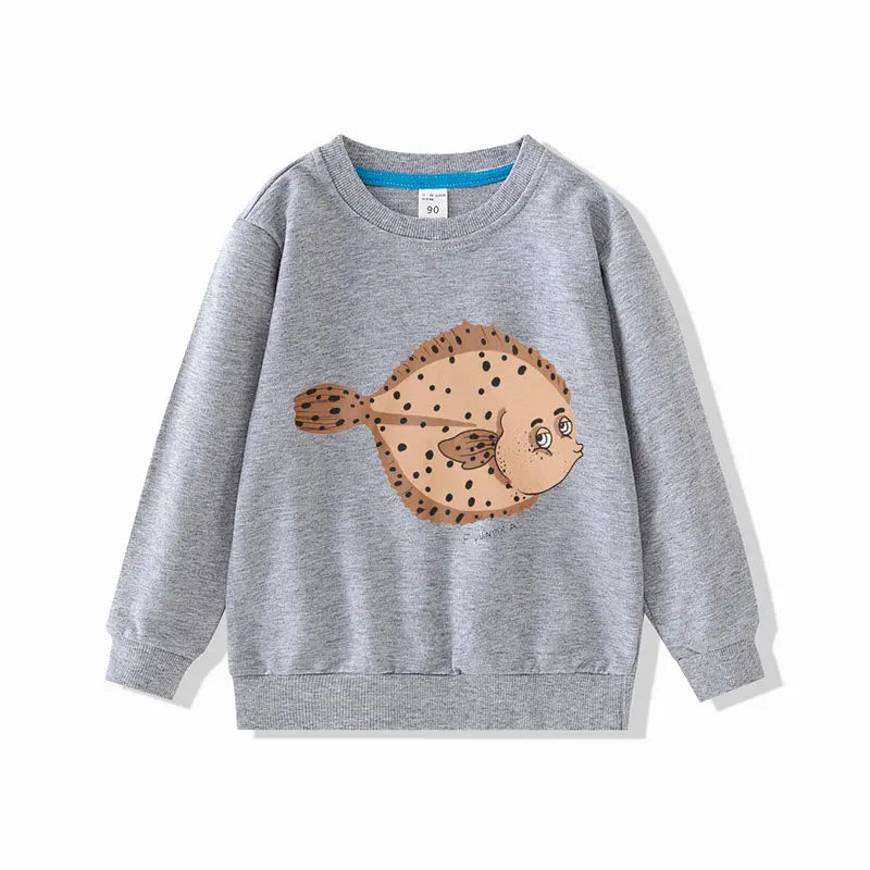 Gray Children Sweatshirts Long Sleeve Tops Cartoon Boys Girls Pullovers Toddler Tees with cute fish graphic