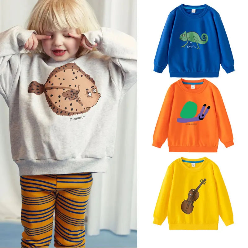Children Sweatshirts Long Sleeve Tops Cartoon Boys Girls Pullovers Toddler Tees in gray with fish, blue with chameleon, orange with snail, and yellow with violin designs