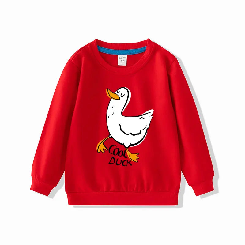 Red Children Sweatshirts Long Sleeve Tops Cartoon Boys Girls Pullovers Toddler Tees with cool duck graphic