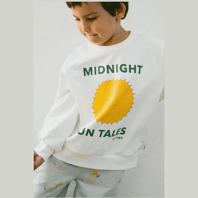 Children Sweatshirts Long Sleeve Tops Cartoon Boys Girls Pullovers Toddler Tees white sweatshirt with yellow sun print worn by young boy