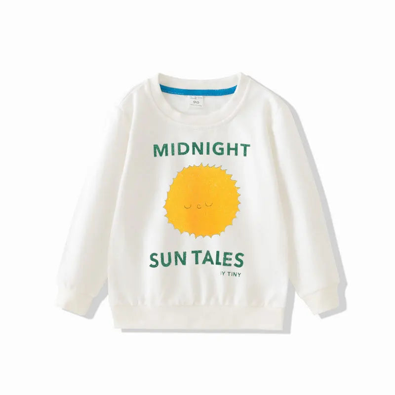 White children sweatshirts long sleeve tops cartoon boys girls pullovers toddler tees with yellow sun graphic