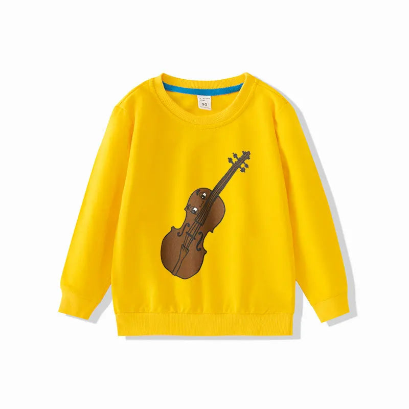 Yellow Children Sweatshirts Long Sleeve Tops Cartoon Boys Girls Pullovers Toddler Tees with violin print