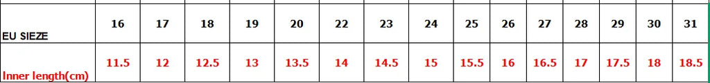 Yamza Tots Closet children's sneakers size chart showing inner length in centimeters from size 16 to 31