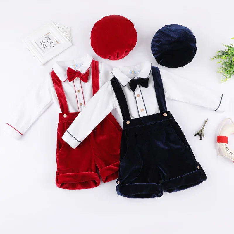Newborn Baby Boy Clothes Suit Birthday Wedding Velvet Pants Blouse 3Pcs Set in red and navy with matching hats