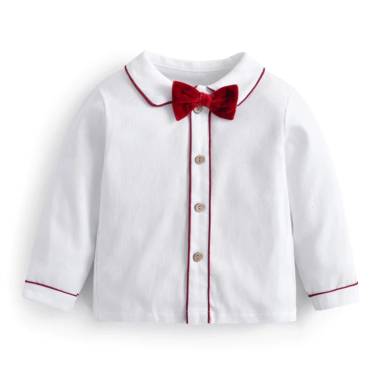 Newborn Baby Boy Clothes Suit Birthday Wedding Velvet Pants Blouse 3Pcs Set with white blouse and red bow tie