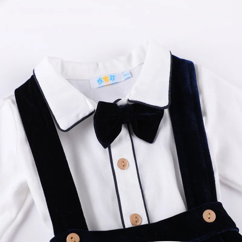 Newborn Baby Boy Clothes Suit Birthday Wedding Velvet Pants Blouse 3Pcs Set with white blouse and black velvet suspenders