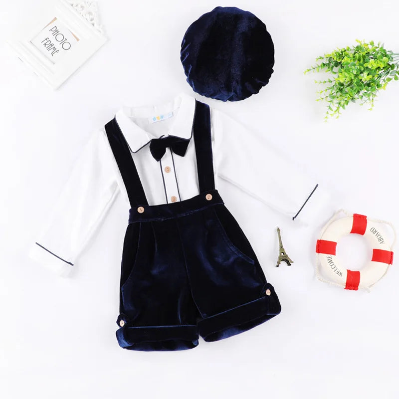 Newborn Baby Boy Clothes Suit Birthday Wedding Velvet Pants Blouse 3Pcs Set by Yamza Tots Closet with navy suspenders and matching hat