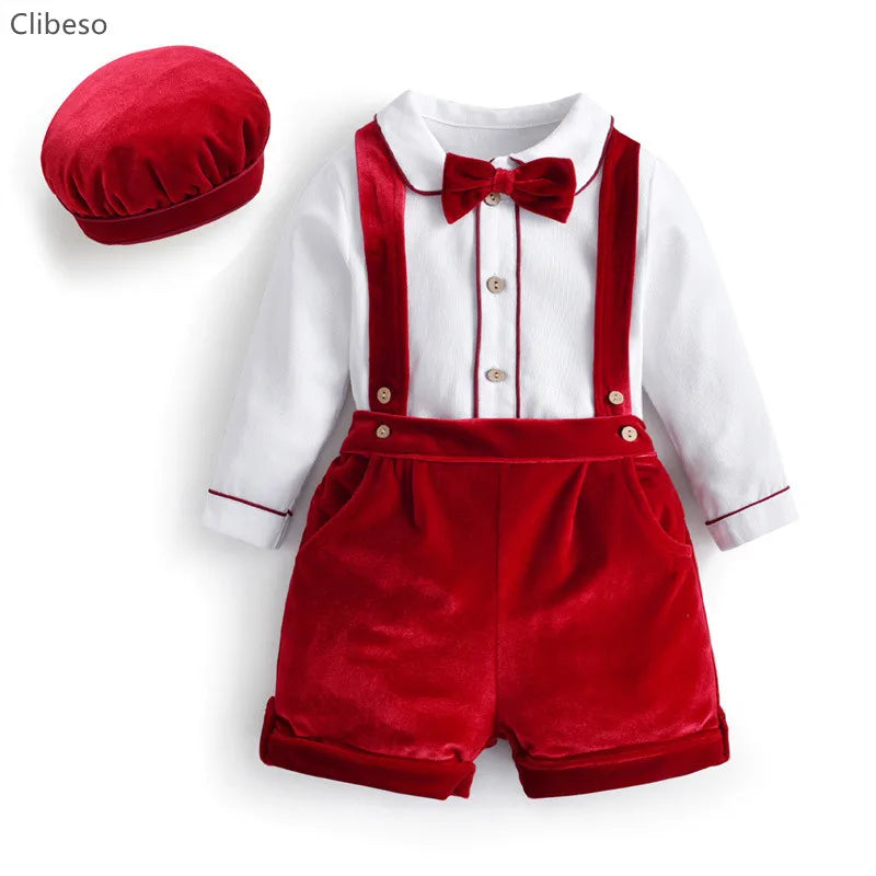 Newborn Baby Boy Clothes Suit Birthday Wedding Velvet Pants Blouse 3Pcs Set in red and white with bow tie and hat