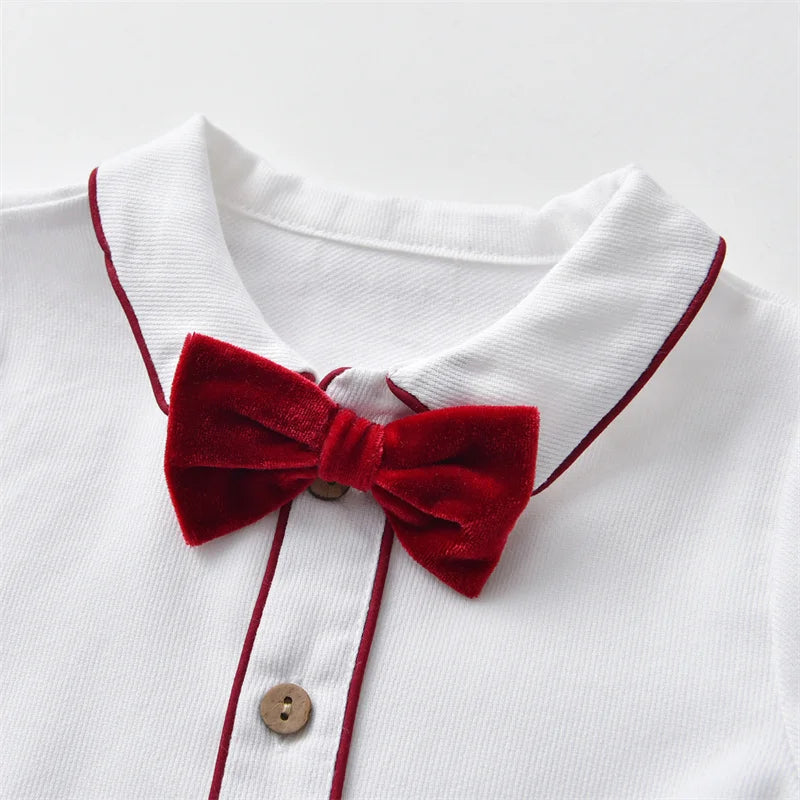 Close-up of white baby blouse with red velvet bow tie from Newborn Baby Boy Clothes Suit Birthday Wedding Velvet Pants Blouse 3Pcs Set