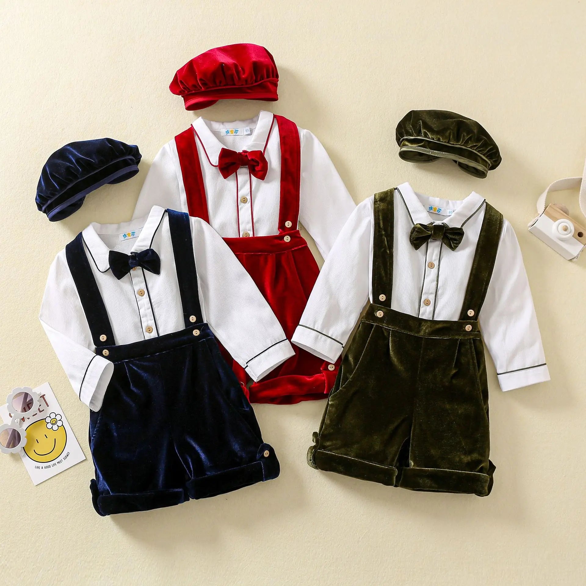 Newborn Baby Boy Clothes Suit Birthday Wedding Velvet Pants Blouse 3Pcs Set in red navy green with bow ties and matching hats