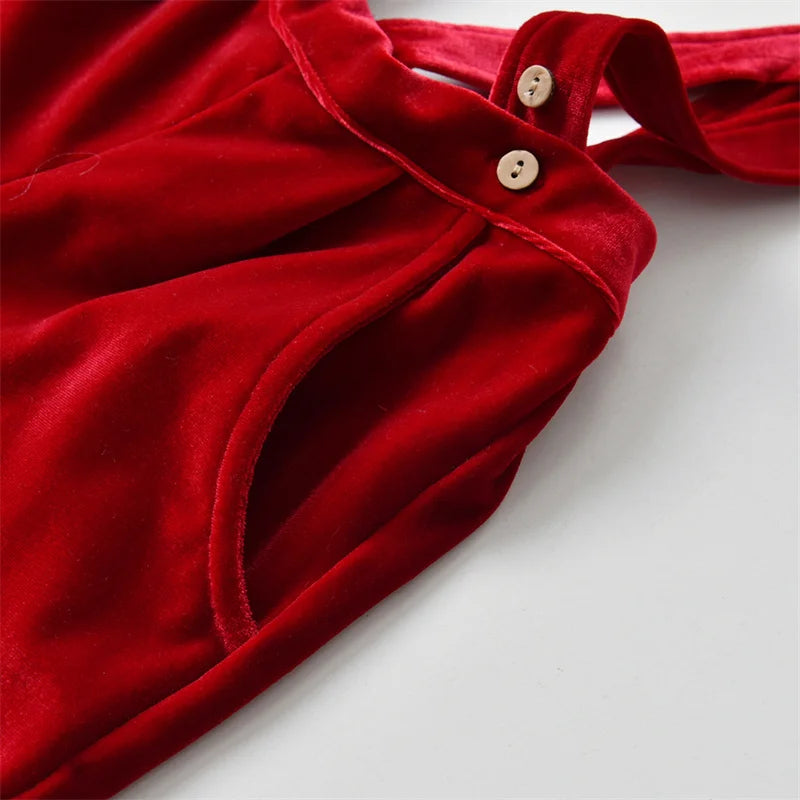 Close up of red velvet pants with buttons from Newborn Baby Boy Clothes Suit Birthday Wedding Velvet Pants Blouse 3Pcs Set