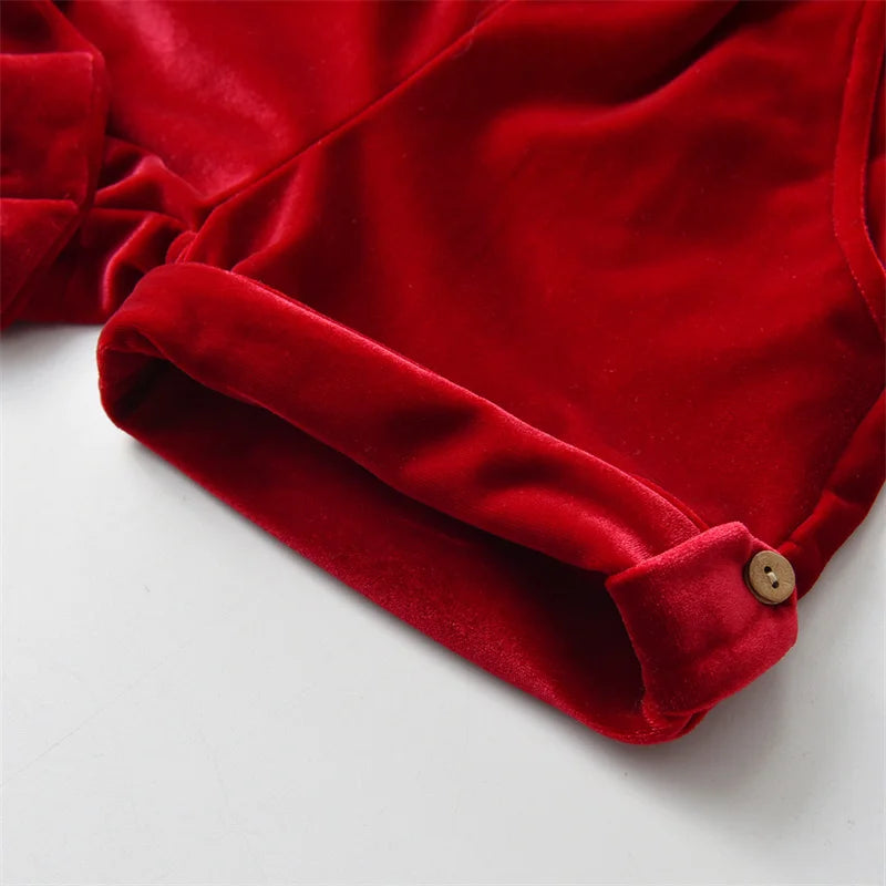 Close-up of red velvet pants from newborn baby boy clothes suit birthday wedding velvet pants blouse 3pcs set