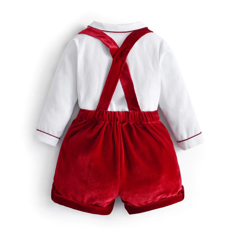Newborn Baby Boy Clothes Suit Birthday Wedding Velvet Pants Blouse 3Pcs Set with red velvet suspenders and white blouse