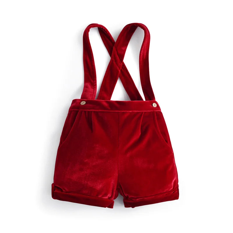 Red velvet pants with suspenders from Newborn Baby Boy Clothes Suit Birthday Wedding Velvet Pants Blouse 3Pcs Set