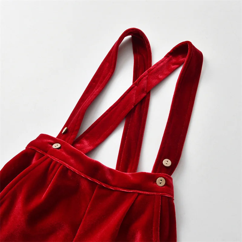 Red velvet pants with adjustable suspenders from Newborn Baby Boy Clothes Suit Birthday Wedding Velvet Pants Blouse 3Pcs Set