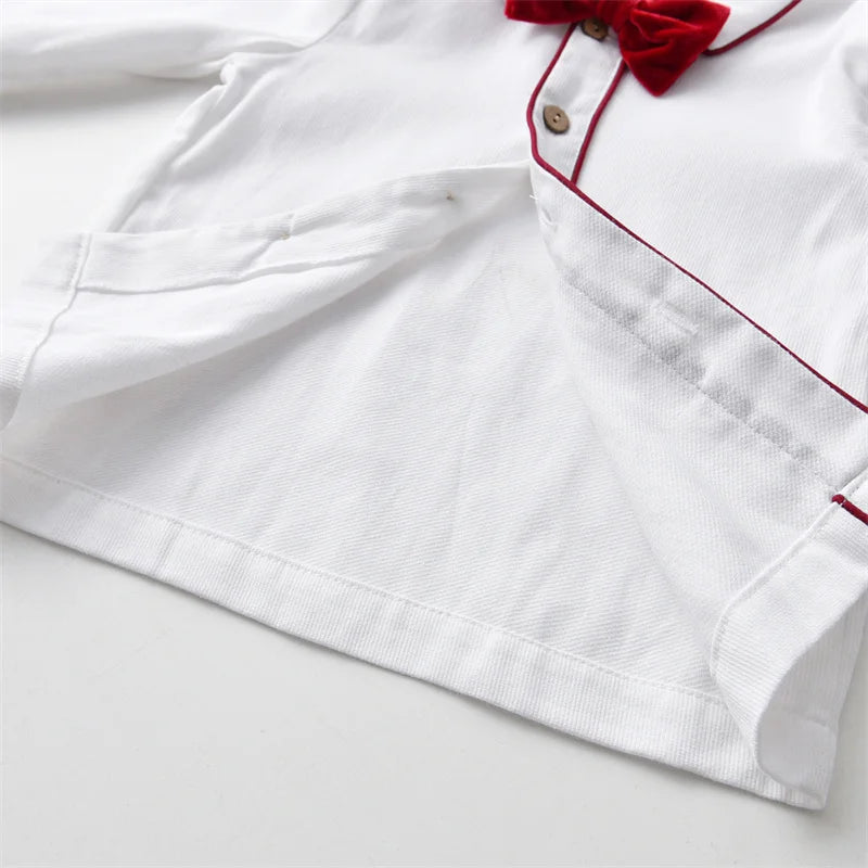 Newborn Baby Boy Clothes Suit Birthday Wedding Velvet Pants Blouse 3Pcs Set white blouse with red bow tie and piping detail