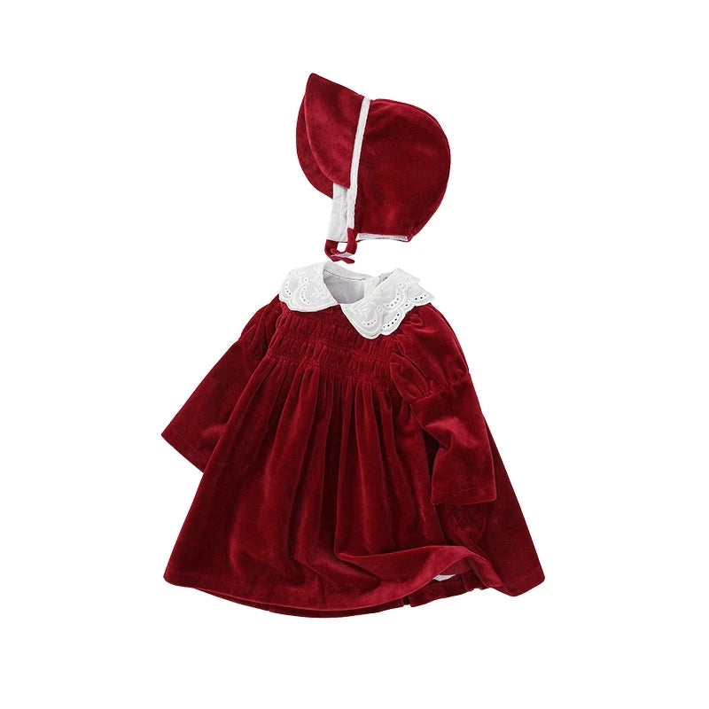Newborn Baby Boy Clothes Suit Birthday Wedding Velvet Pants Blouse 3Pcs Set in burgundy with white lace collar and matching bonnet