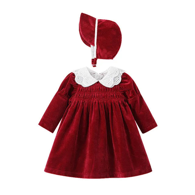 Newborn Baby Boy Clothes Suit Birthday Wedding Velvet Pants Blouse 3Pcs Set in deep red with white lace collar and matching hat