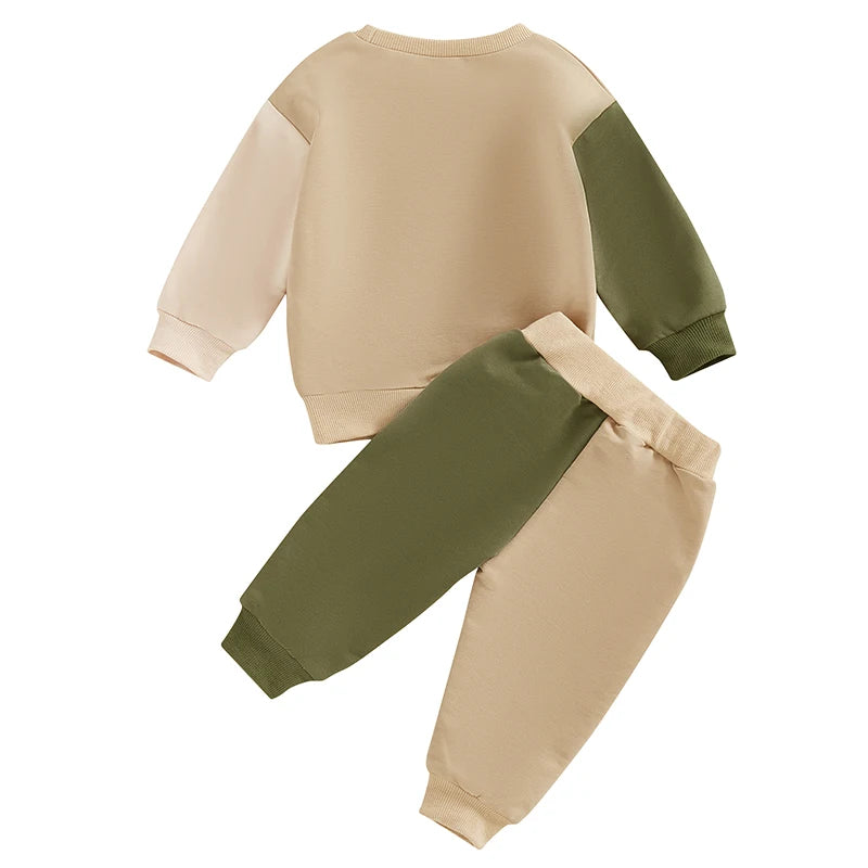 Boys Outfits Letter Print color block beige and green long sleeve sweatshirt and pants set