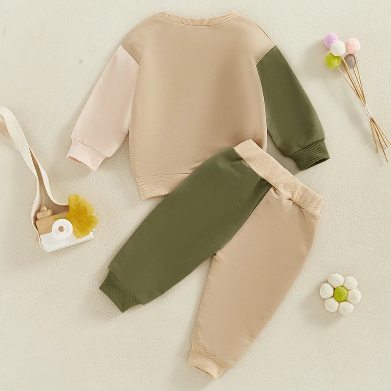Boys Outfits Letter Print beige and green color block sweatshirt and pants set by Yamza Tots' Closet