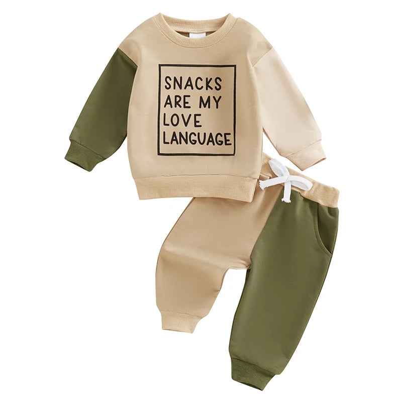 Boys Outfits Letter Print beige and green sweatshirt and pants set with snack-themed graphic