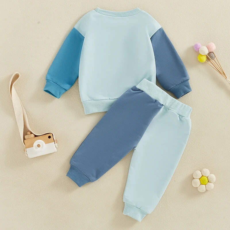Boys Outfits Letter Print light blue and navy color block sweatshirt and pants set by Yamza Tots' Closet