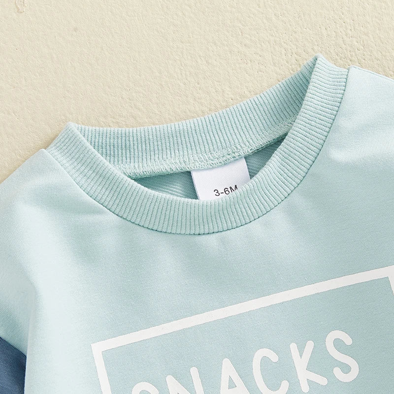 Close-up of light blue boys outfits letter print sweatshirt collar and fabric texture