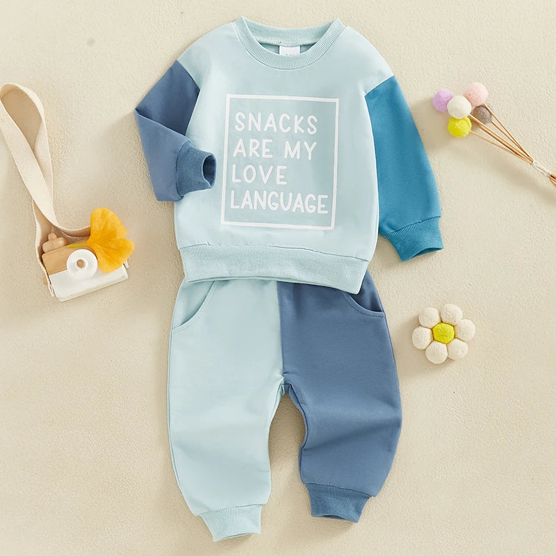 Boys Outfits Letter Print blue and teal color block sweatshirt and pants set with text design