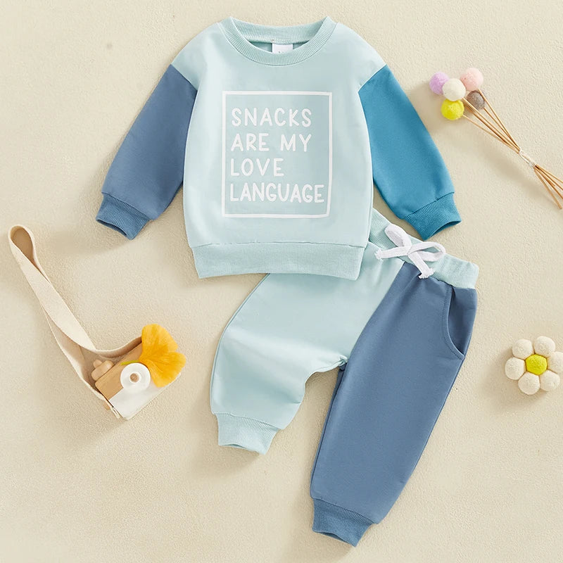 Boys Outfits Letter Print light blue sweatshirt and pants set with snacks are my love language design