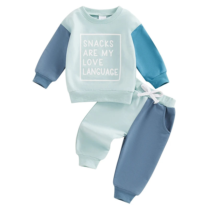 Boys Outfits Letter Print light blue and teal long sleeve sweatshirt and matching pants set