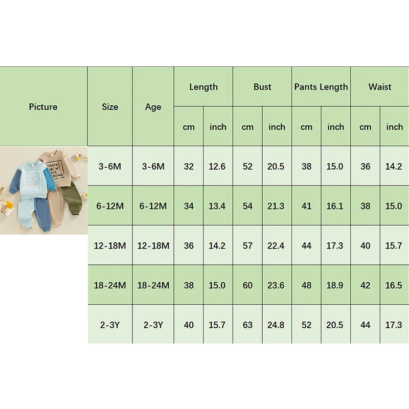 Boys Outfits Letter Print size chart by Yamza Tots' Closet showing measurements for length bust pants and waist