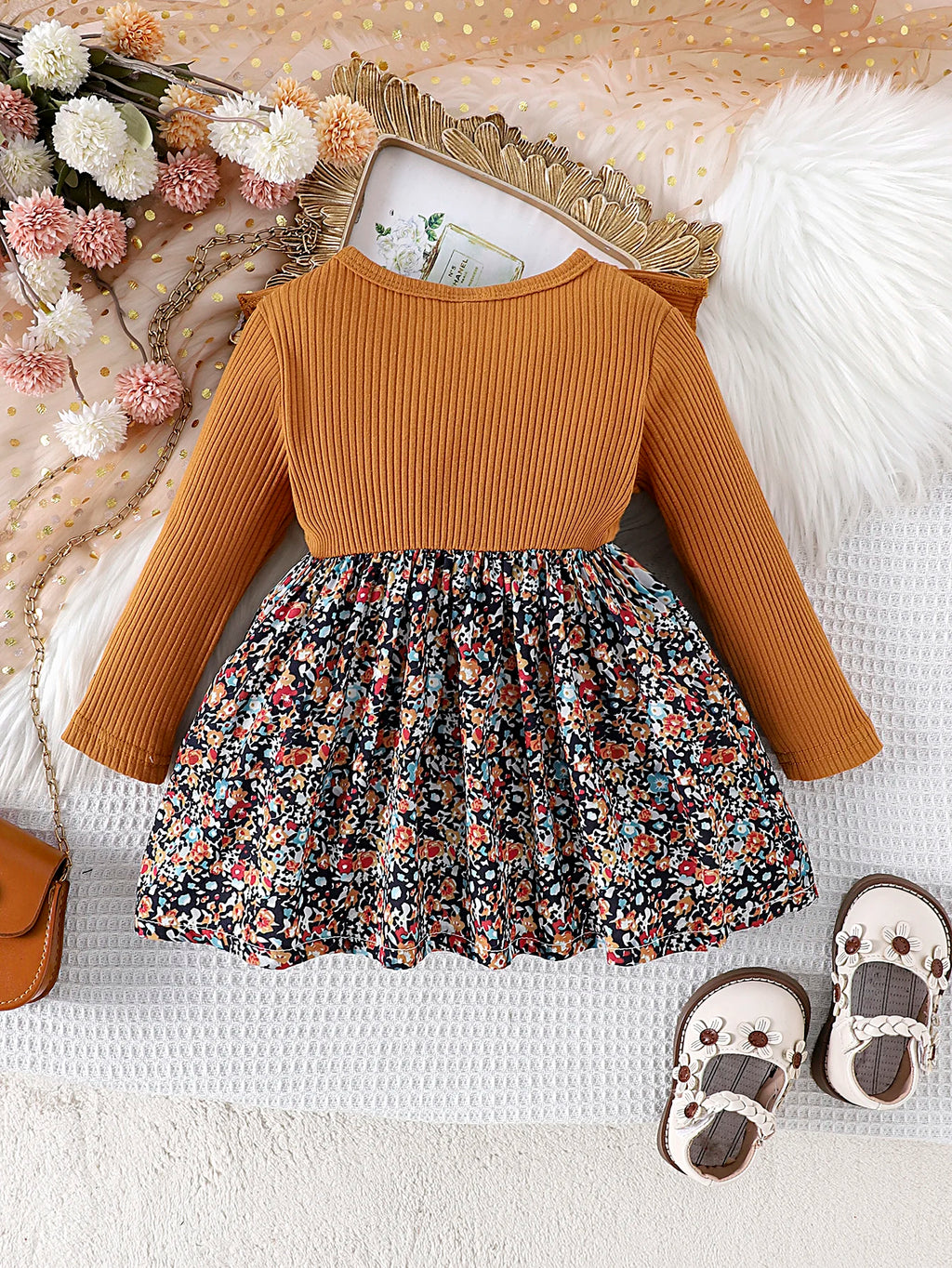 Yamza Tots' Closet comfortable fashionable brown ribbed top with floral skirt dress for toddlers