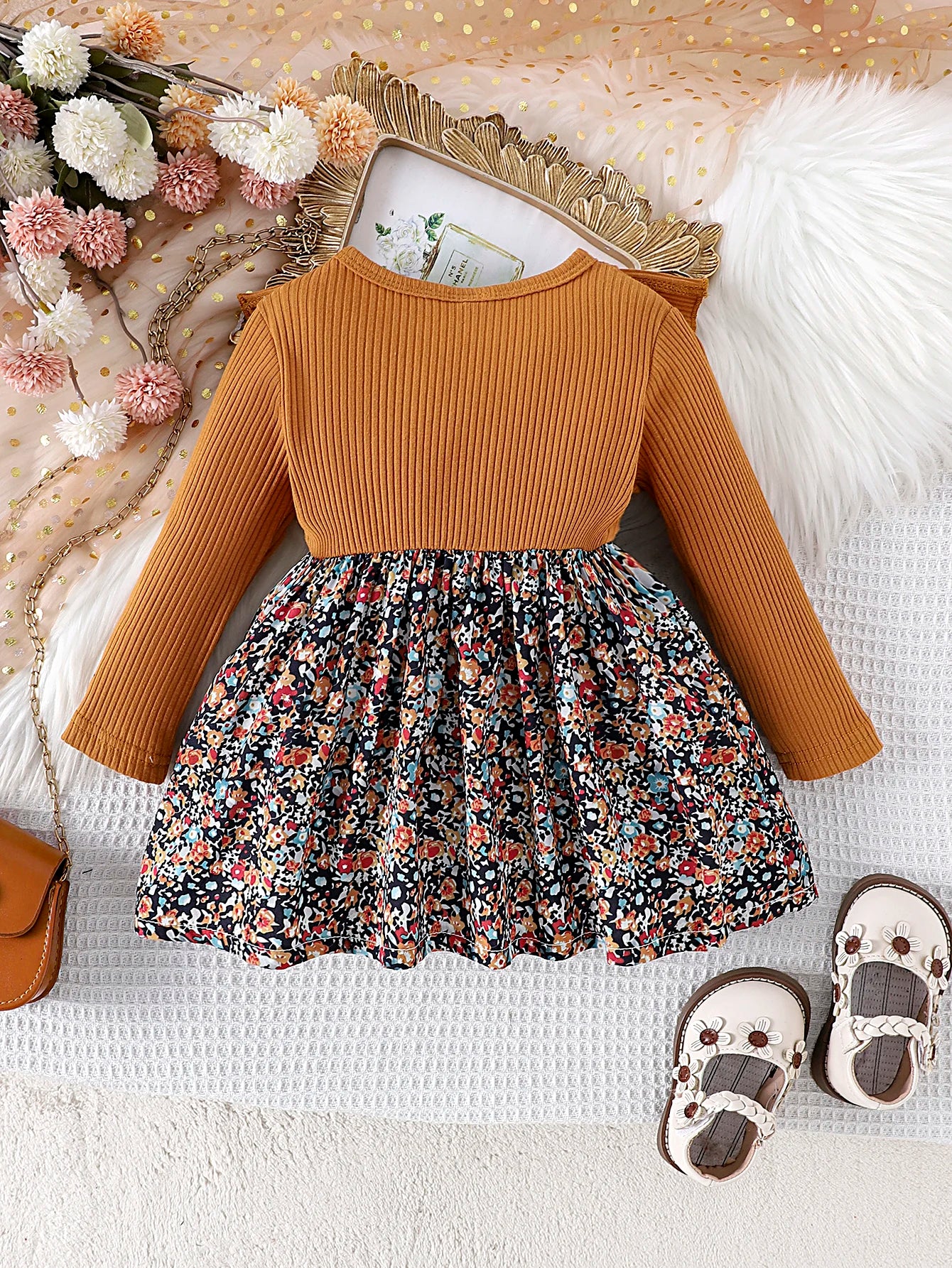 Yamza Tots' Closet comfortable fashionable brown ribbed top with floral skirt dress for toddlers