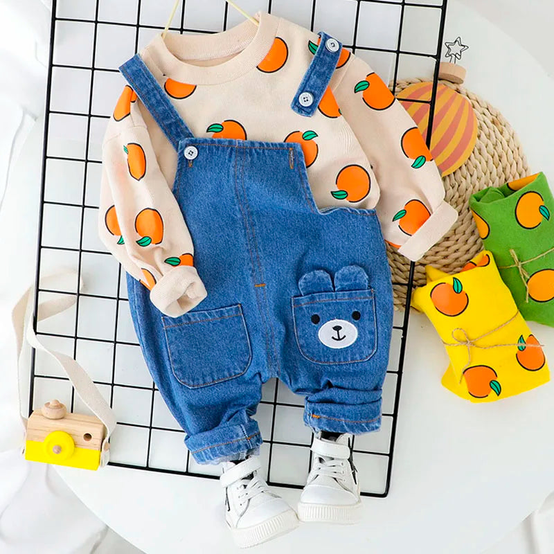 Cute Baby Clothes Set Casual T-shirt with Bib Denim Overalls for Kids featuring orange print and bear pocket design